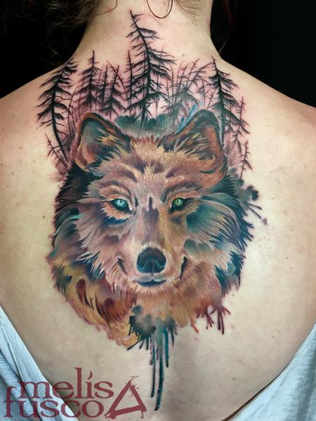 Wolf with gray wash gradient trees Tattoo Design